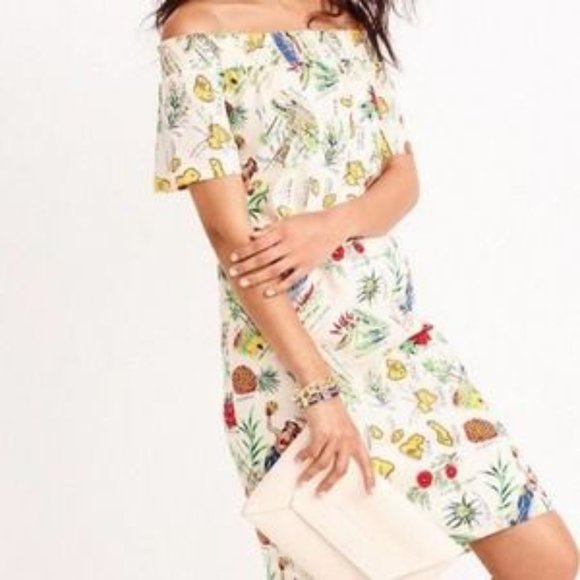 J. CREW colorful Hawaiian printed off-shoulder cotton popover mini shift dress - Picture 1 of 14